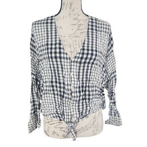 Express Ladies Size Large Black White Plaid V-neck Knot Front Blouse